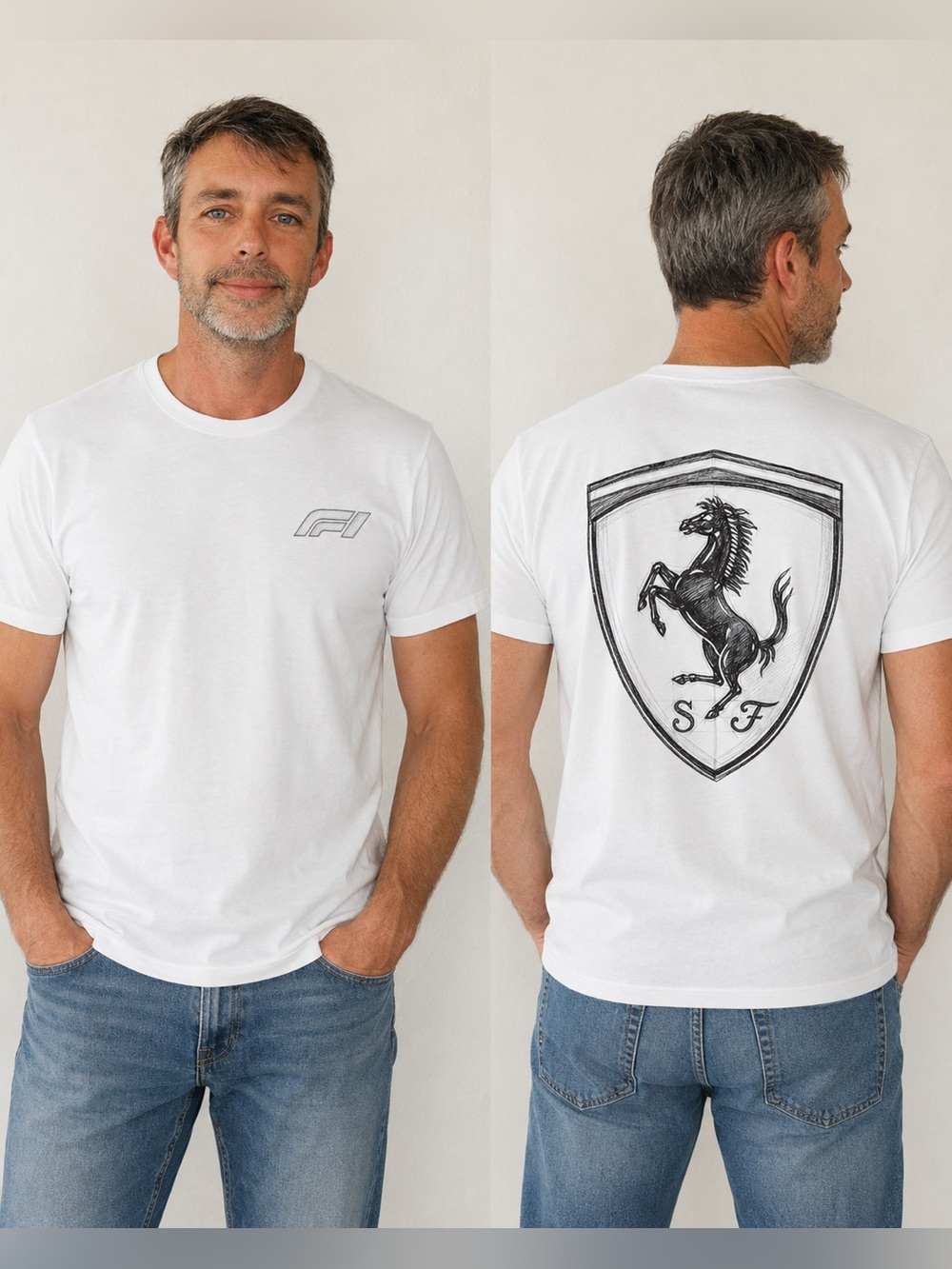 White Ferrari Style Graphic T-Shirt | Large Back Horse Shield Design M
